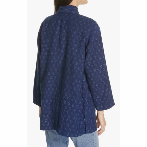 NWT Eileen Fisher Block Printed Organic Cotton Denim Blue Kimono Jacket - Picture 2 of 8